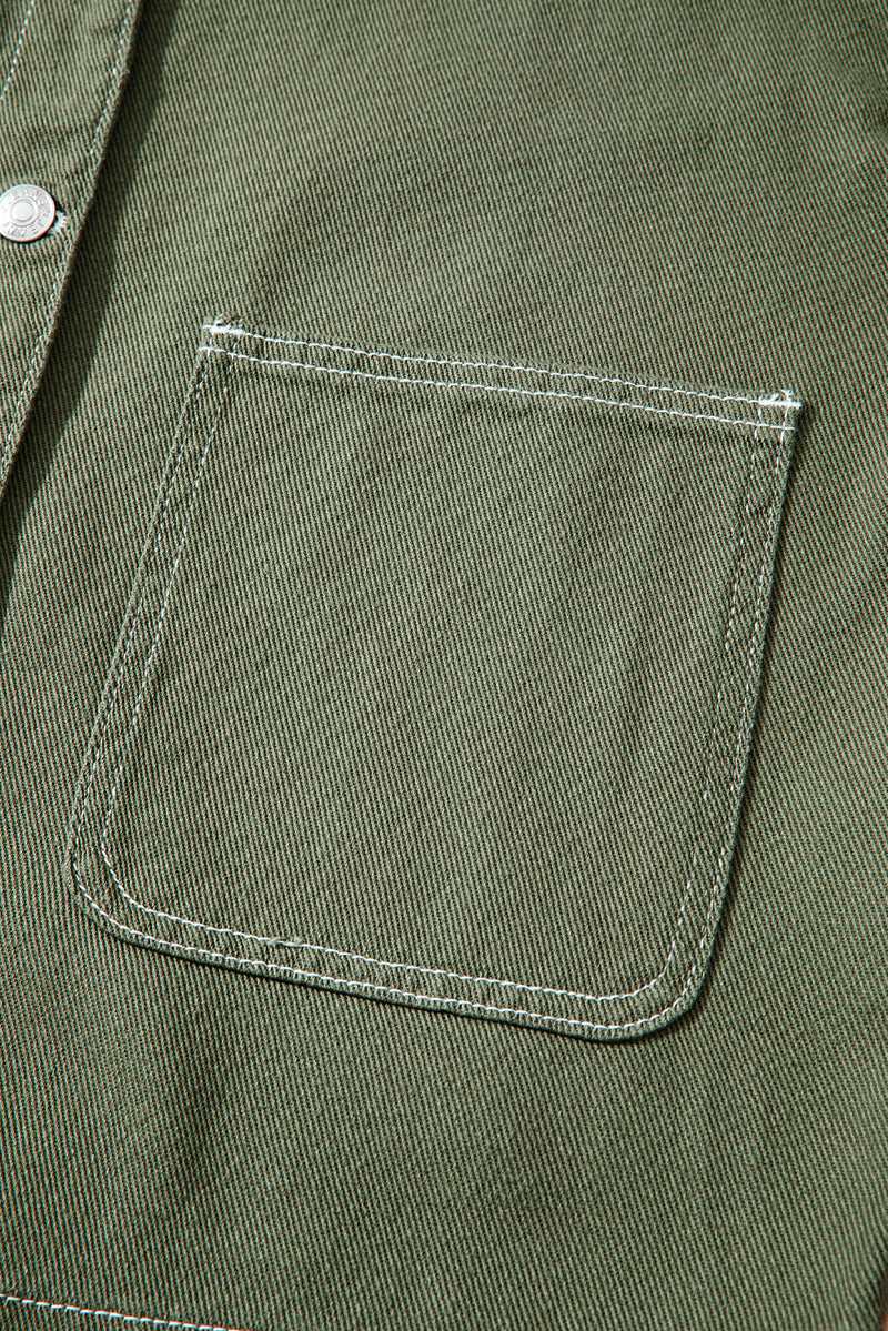 Moss Green Patched Pocket Collared Button Front Boyfriend Denim Jacket