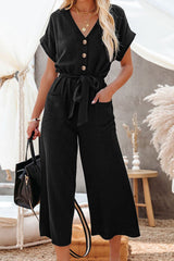 Solid Dolman Button Belted V Neck Wide Leg Pocketed Jumpsuit