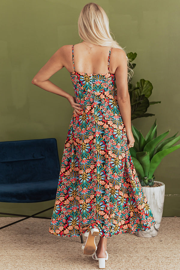Boho Floral Print Thin Straps Sleeveless High Waist Maxi Dress