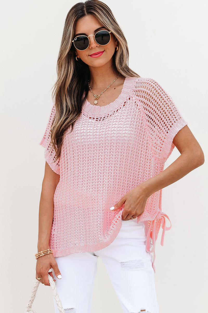 Hollow-out Crochet Side Tied Short Sleeve Sweater