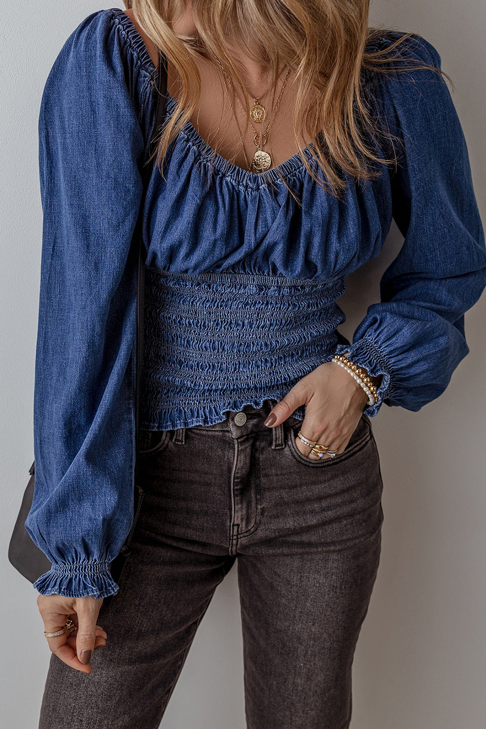 Smocked Ruffled Puffed Long Sleeves V Neck Denim Blouse