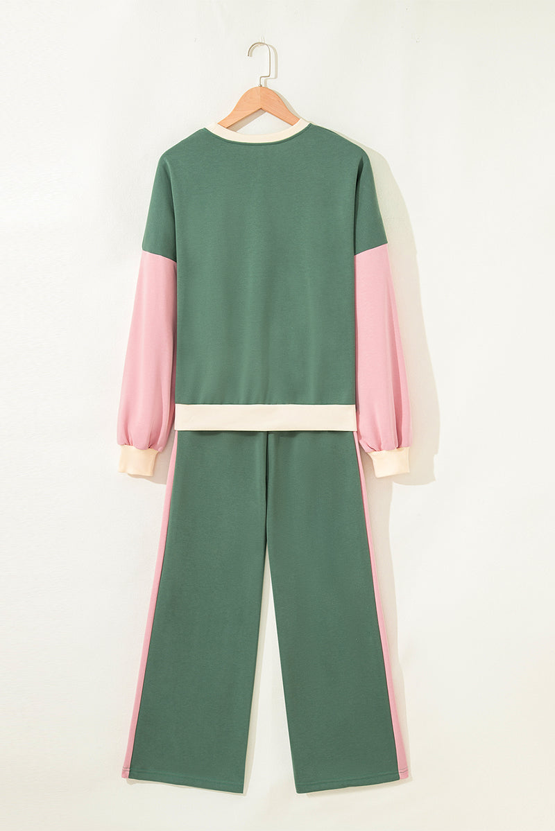 2pcs Color Block Pullover Loose Pant Set