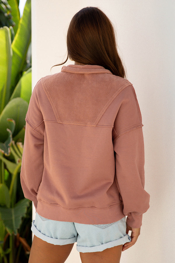 Exposed Seam Side Pockets Half Zipper Baggy Sweatshirt