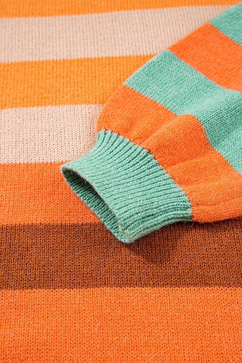 Stripe Color Block High Neck Drop Shoulder Cozy Sweater