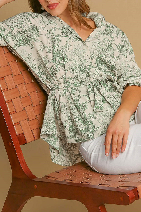 Landscape Print Tied 3/4 Sleeve Shirt with Sash