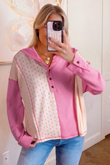 Mixed Texture Waffle Floral Patchwork Hooded Oversize Pullover