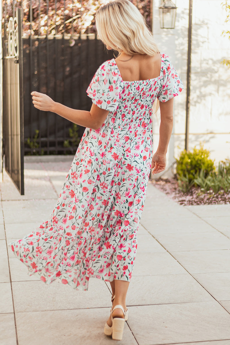 Floral Puff Sleeve Square Neck Empire Waist Tiered Maxi Dress