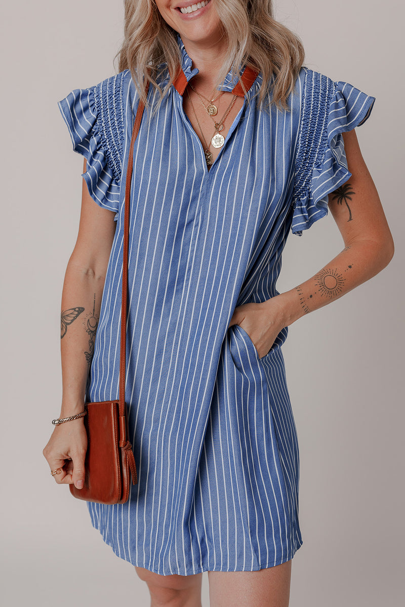 Stripe Frilly Split Neck Shirred Ruffle Sleeve Short Shift Dress