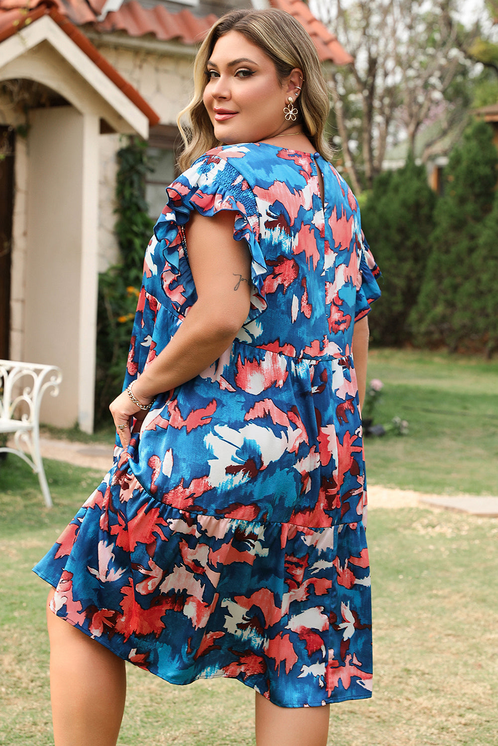 Abstract Print Shirred Ruffled Short Sleeve Tiered Plus Size Mini Dress