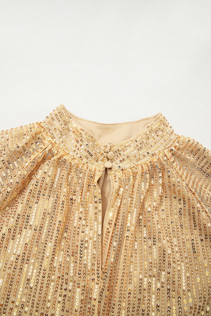Gold Metallic Balloon Sleeve Buttoned High Neck Loose Blouse