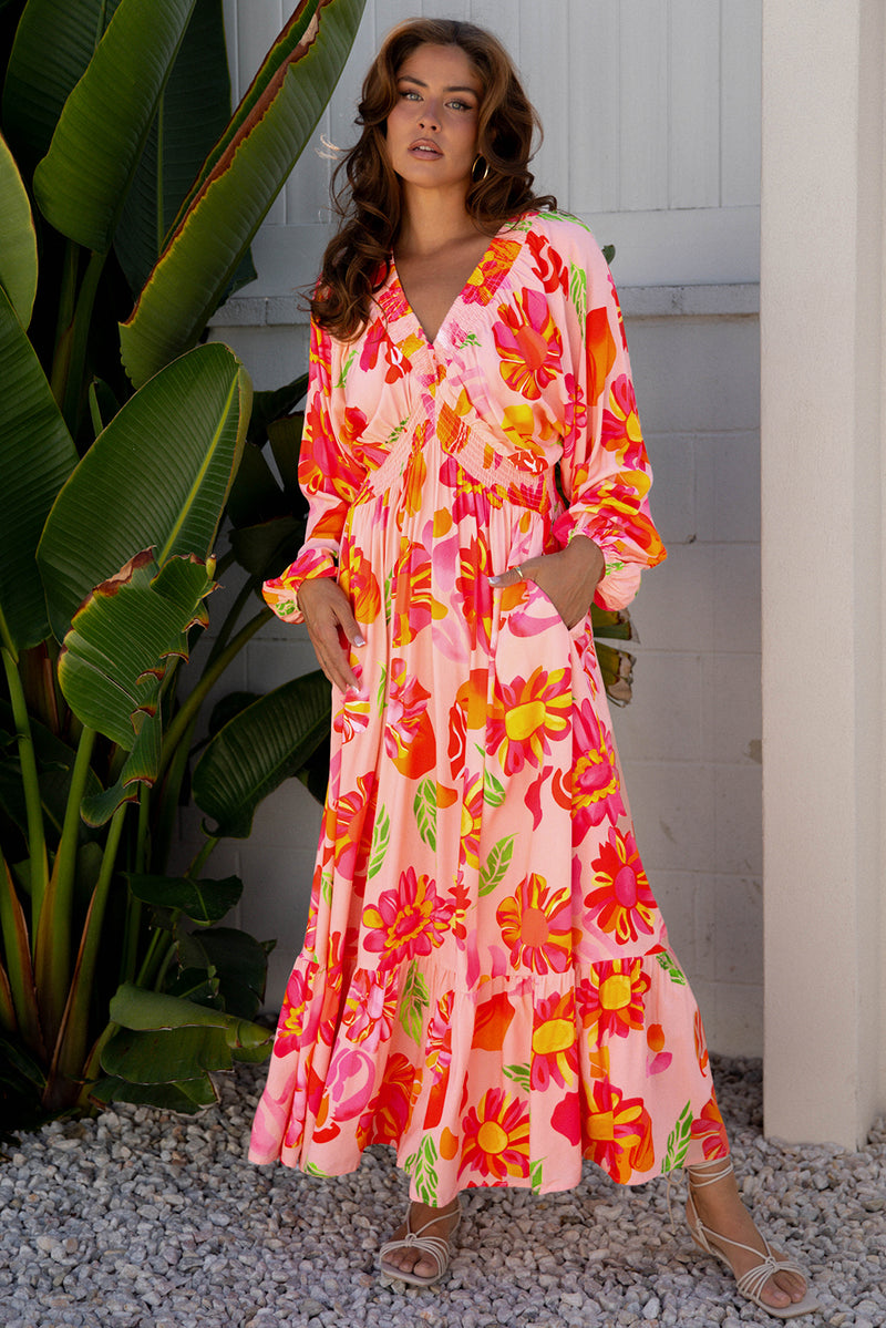 Floral Print Smocked Detail V Neck Puff Sleeve Flowy Maxi Dress