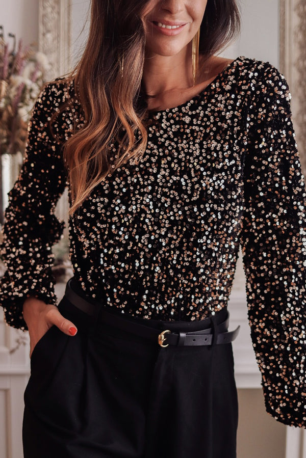 Sexy Deep V Back Sequin Puff Sleeve Bodysuit