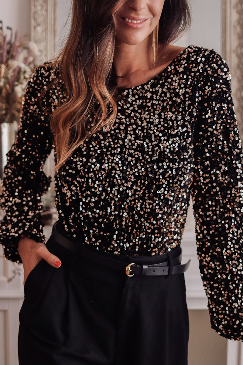 Sexy Deep V Back Sequin Puff Sleeve Bodysuit
