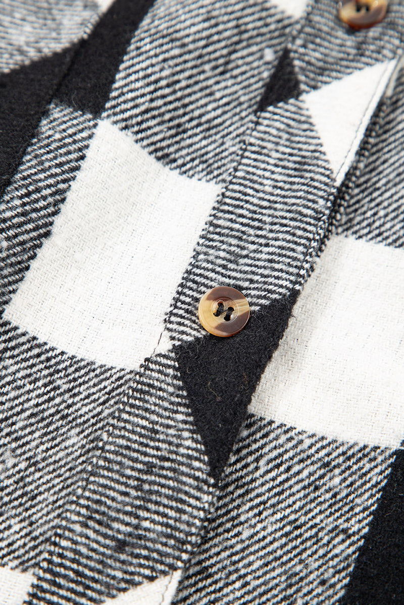 Double Plaid Patchwork Drawstring Hooded Shacket