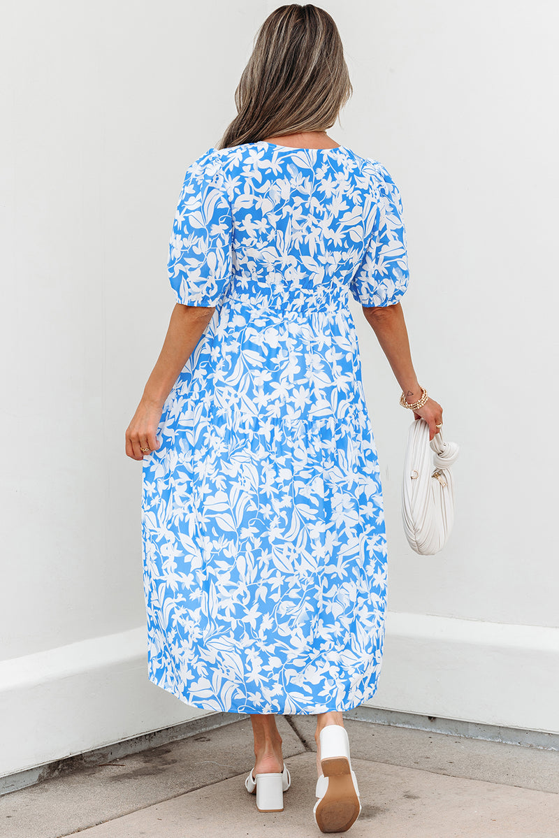 Floral V Neck Puff Short Sleeve Flowy Long Dress