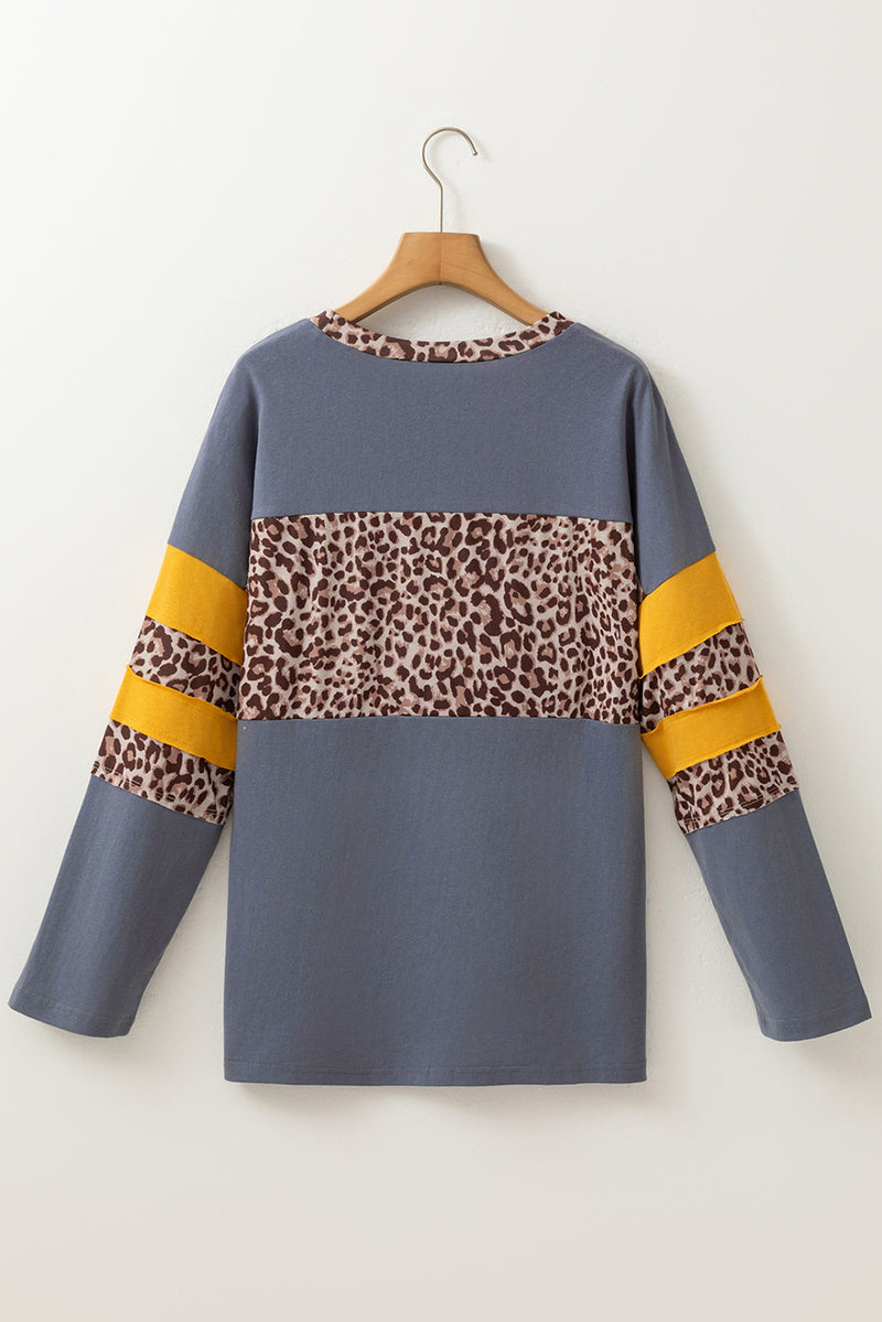 Leopard Colorblock Patchwork Long Sleeve Drop Shoulder Top