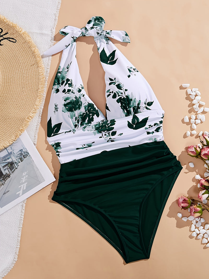 Sexy Three-dimensional Deep V Flower Print Neck Tie One-piece Vacation Wind Swimsuit