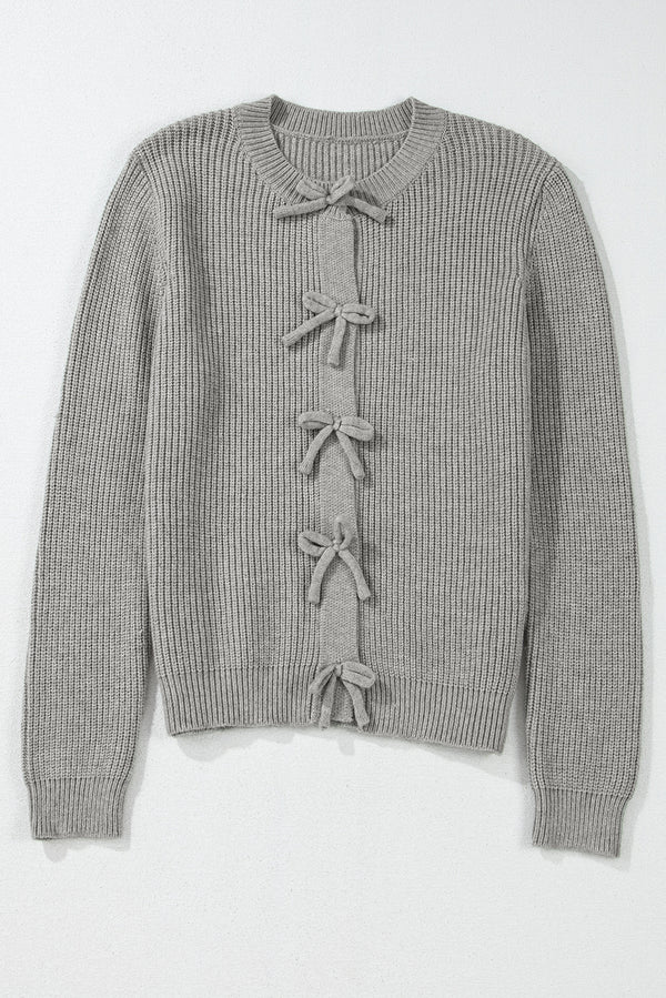 Solid Ribbed Knit Bow Front Buttoned Cardigan