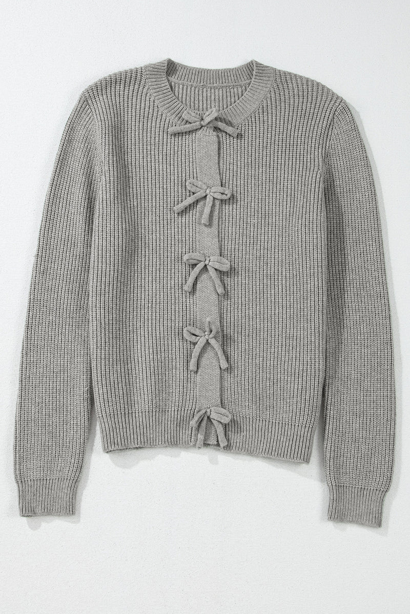 Solid Ribbed Knit Bow Front Buttoned Cardigan