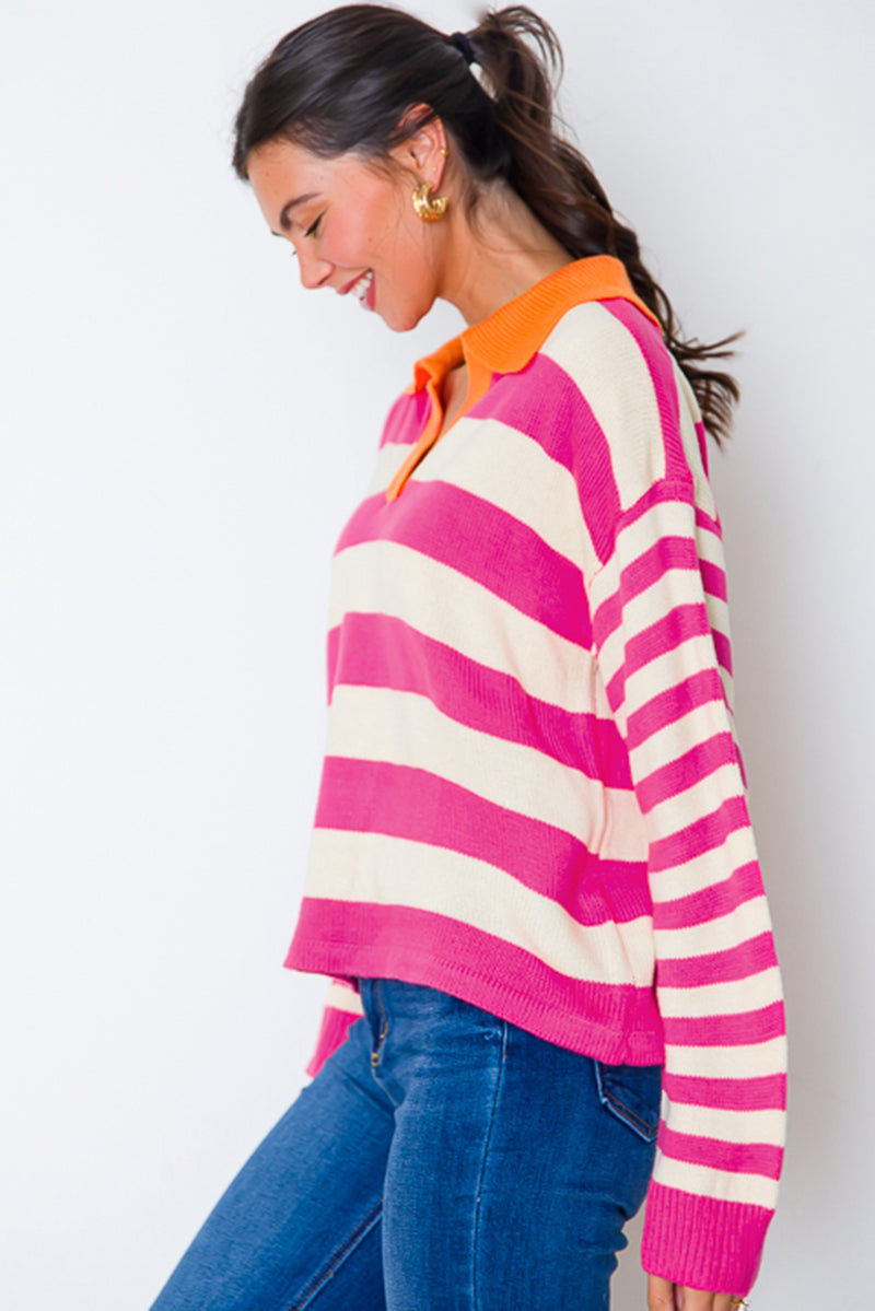 Stripe Color Block Collared V Neck Drop Shoulder Sweater