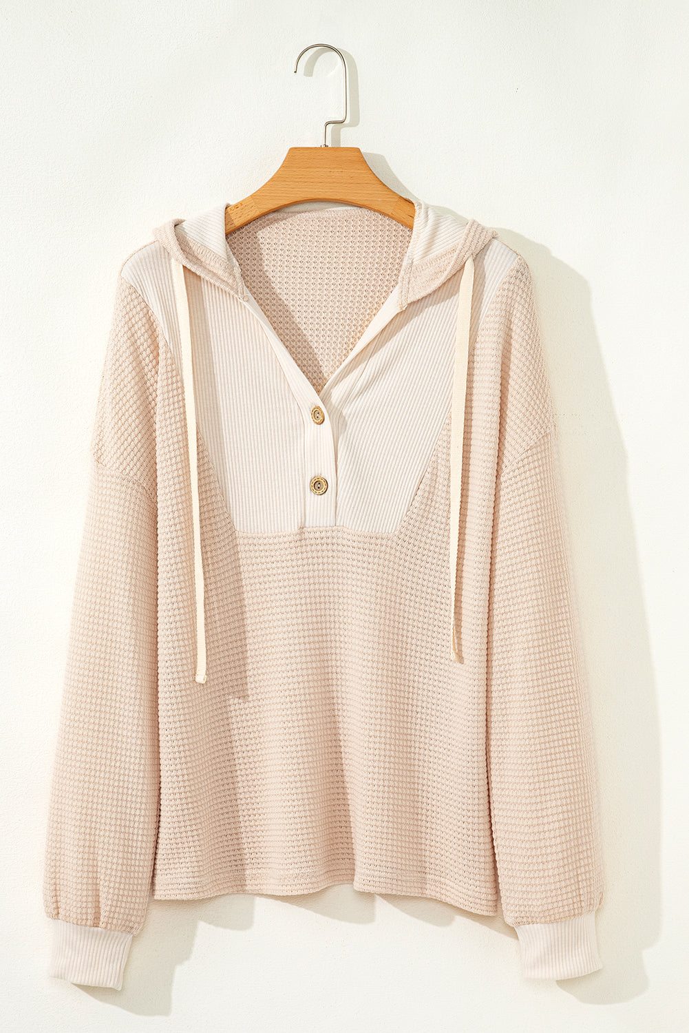Waffle Patchwork Drop Shoulder Hooded Long Sleeve Top