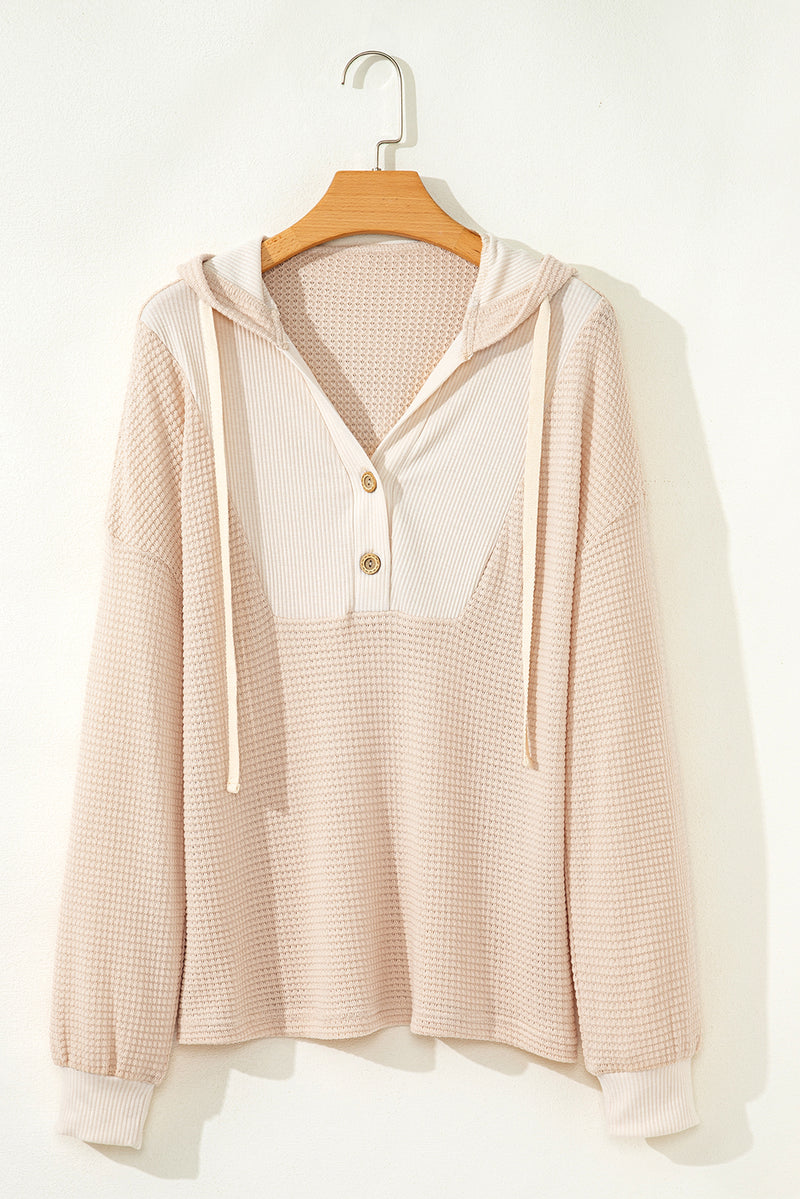 Waffle Patchwork Drop Shoulder Hooded Long Sleeve Top