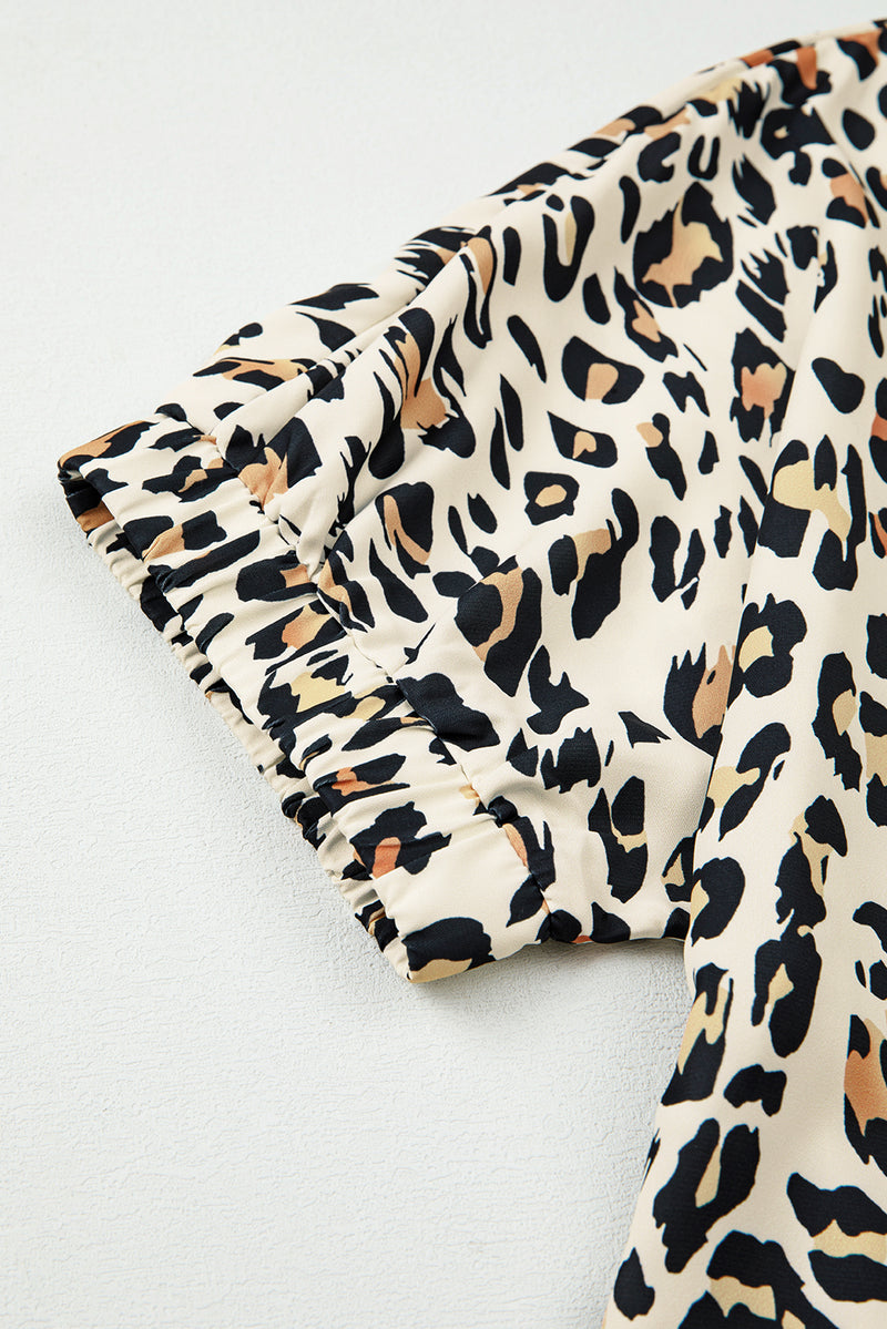 Leopard Color Block Contrast Striped V Neck Half Sleeve Loose Fit Blouse