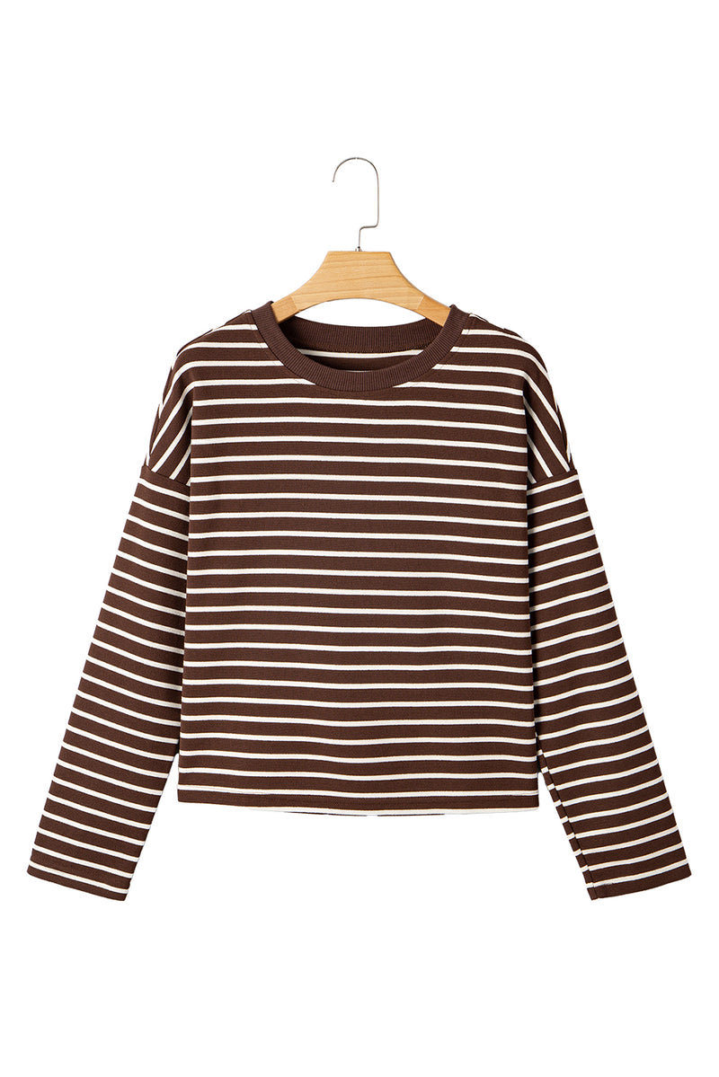 Stripe Ribbed Cropped Crew Neck Long Sleeve T Shirt