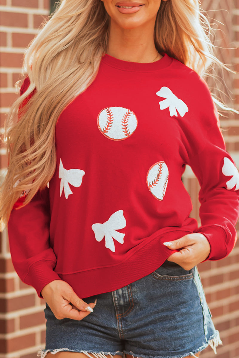 Sequin Baseball Bow Patched Pattern Game Day Pullover Sweatshirt