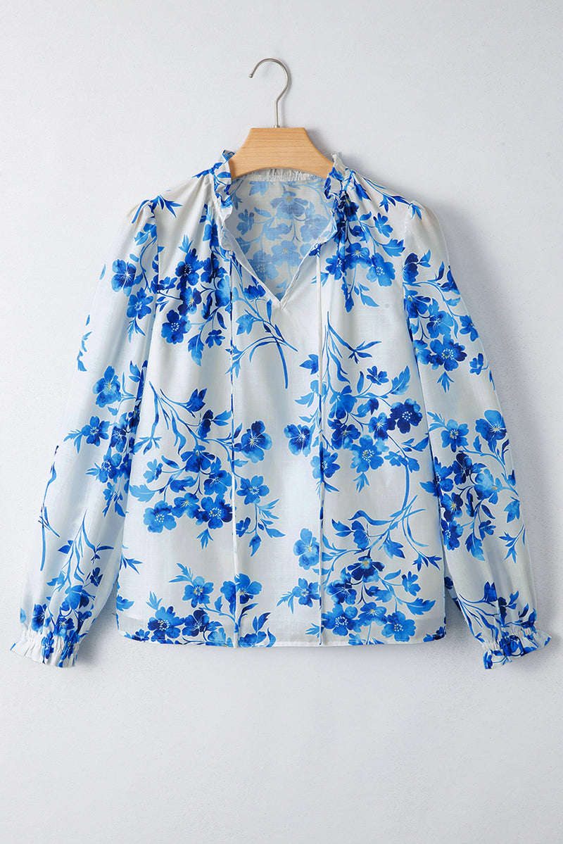 Floral Long Sleeve Lace-up V Neck Blouse