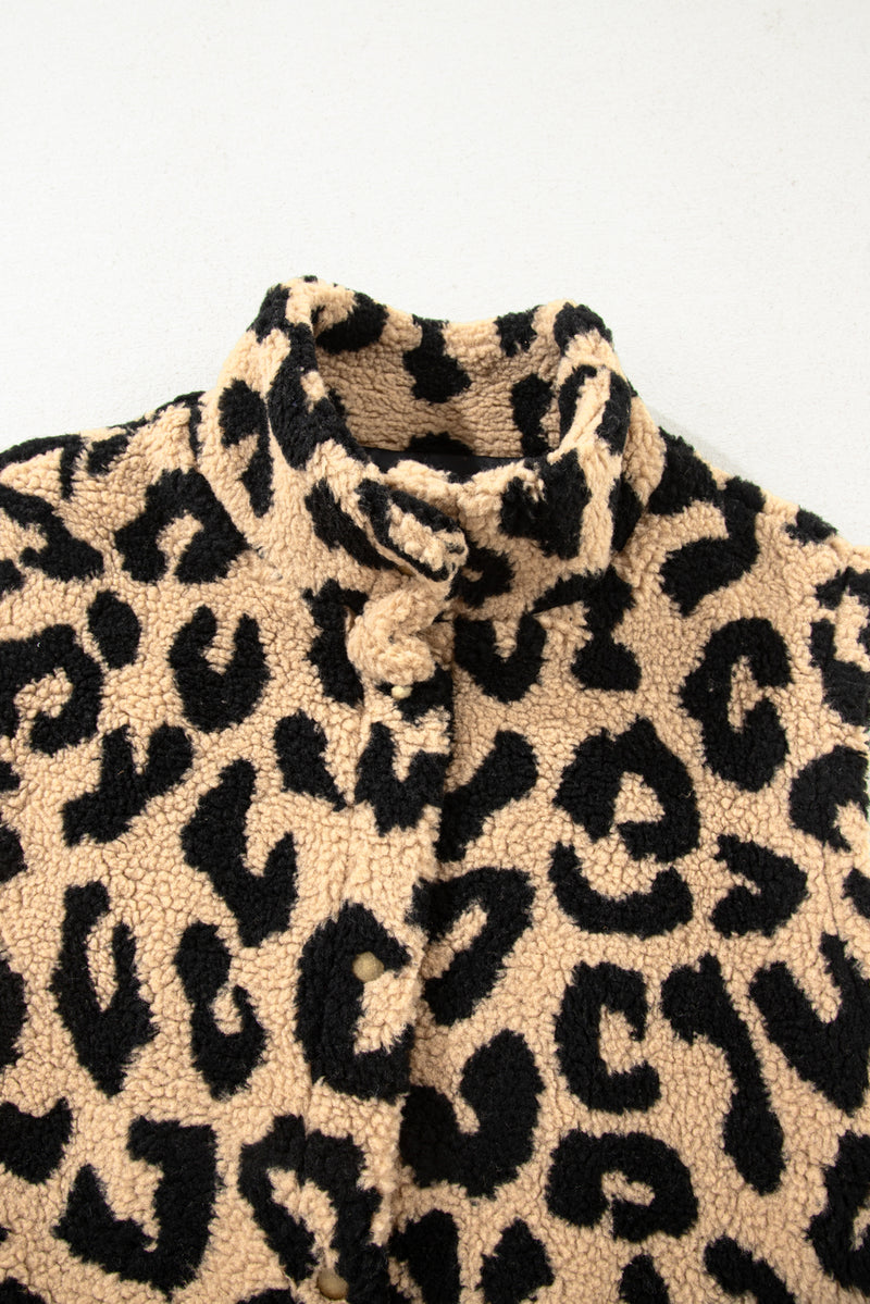 Leopard Sherpa Button Front Collared Plus Size Vest Jacket