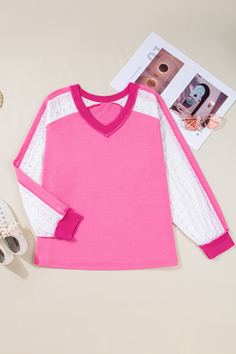 Lace Striped Patchwork Long Sleeve Corded V Neck Plus Size Top