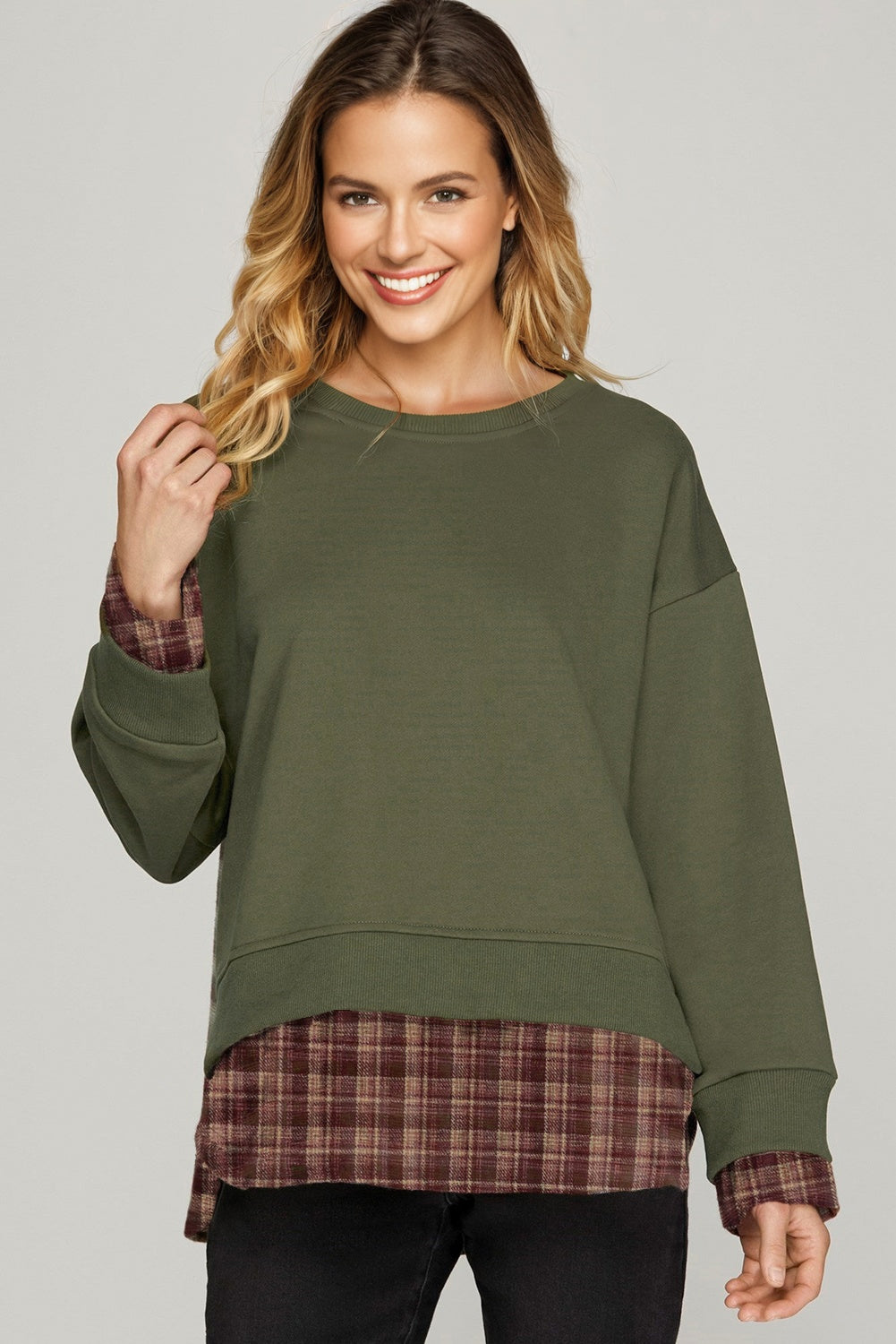 Vintage Plaid Patchwork Drop Shoulder Sweatshirt