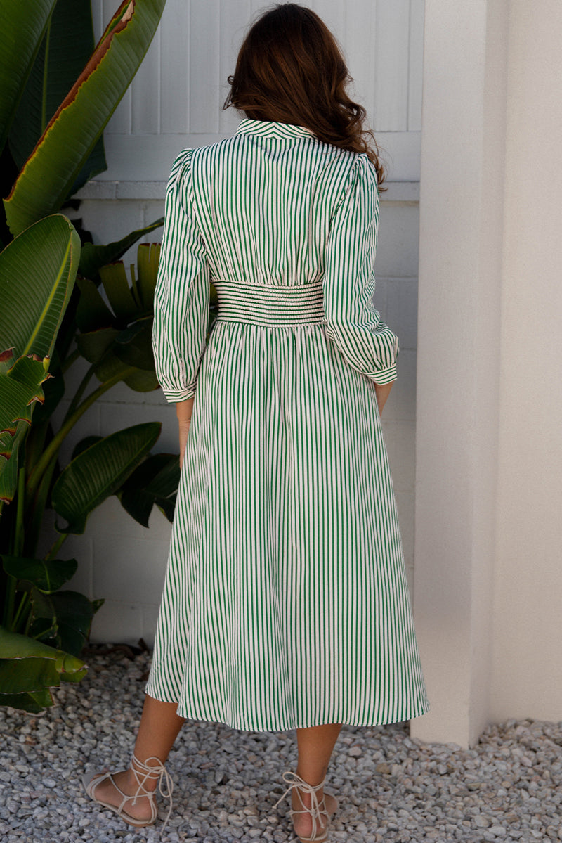 Stripe V Neck Zip Front Cinched High Waist Midi Dress