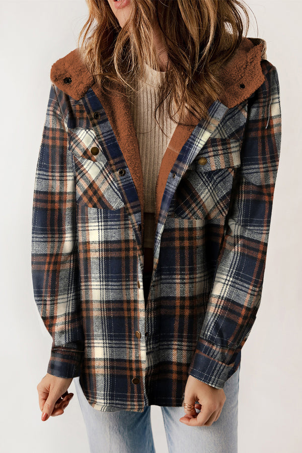 Coats and Jacket Plaid Pattern Sherpa Lined Hooded Shacket