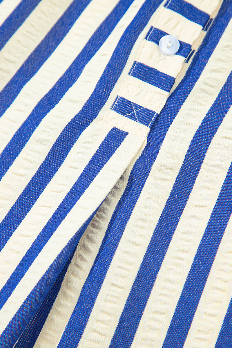Stripe Collared Half Button Side Pockets Loose Fit Mini Dress