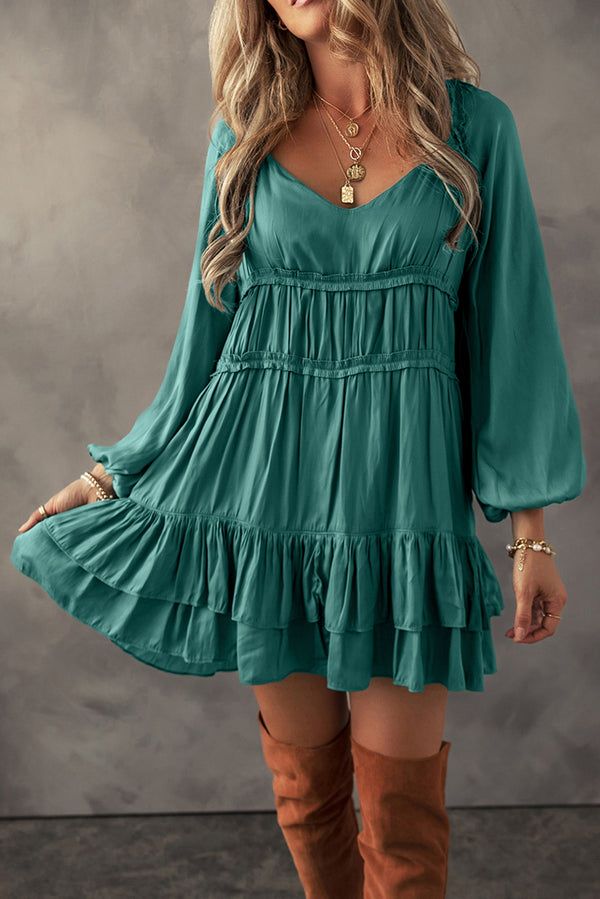 Tiered Ruffled Puff Sleeve Loose Fit Long Sleeve Mini Dress