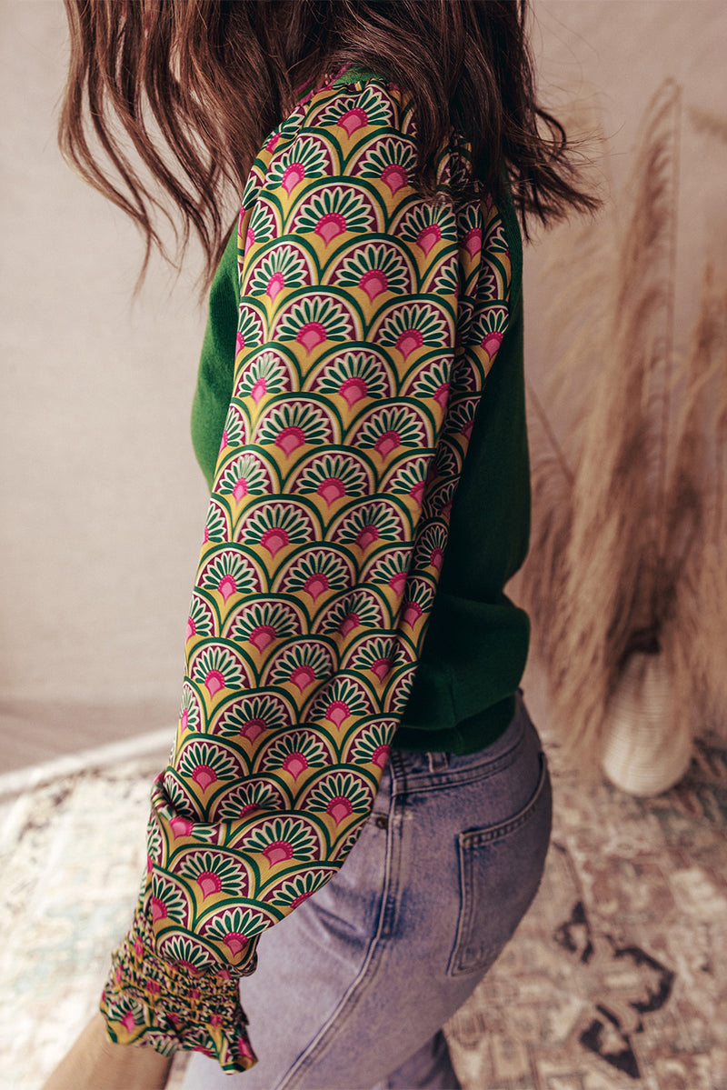 Moss Green Floral Patchwork Shirred Cuff Puff Sleeve Sweater