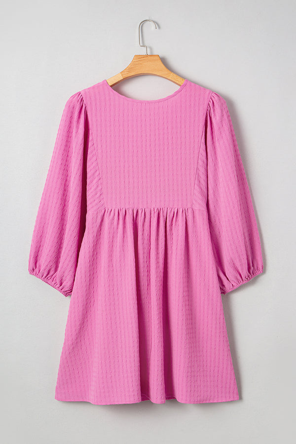 Plus Size Textured Tie Split Neck Puff Sleeve Flowy Mini Dress