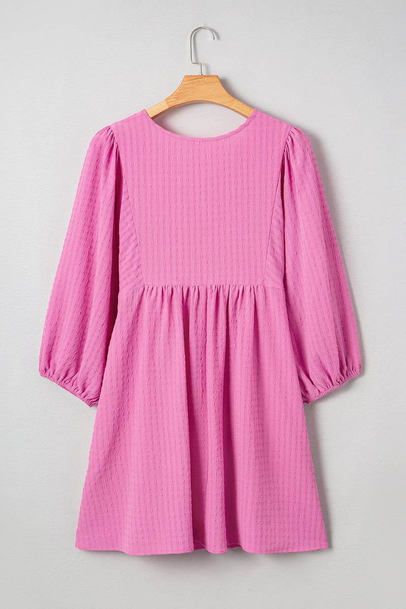 Plus Size Textured Tie Split Neck Puff Sleeve Flowy Mini Dress