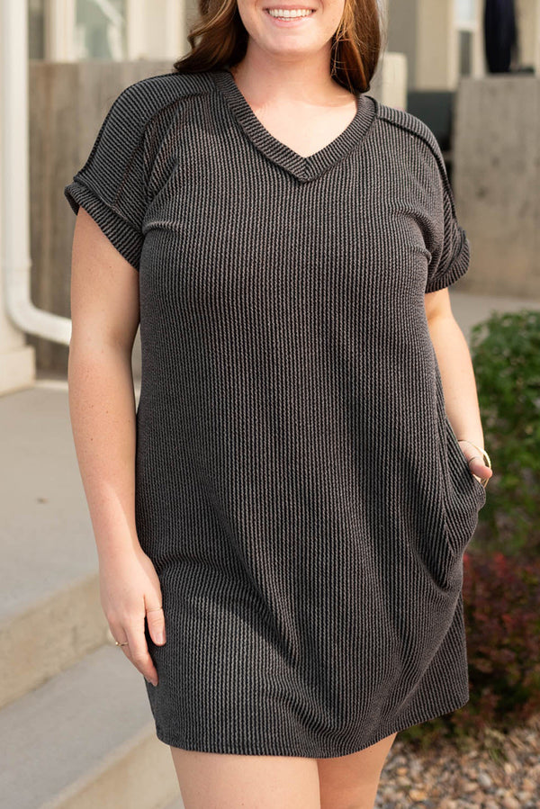 Corded V Neck Plus Size T Shirt Dress with Pockets