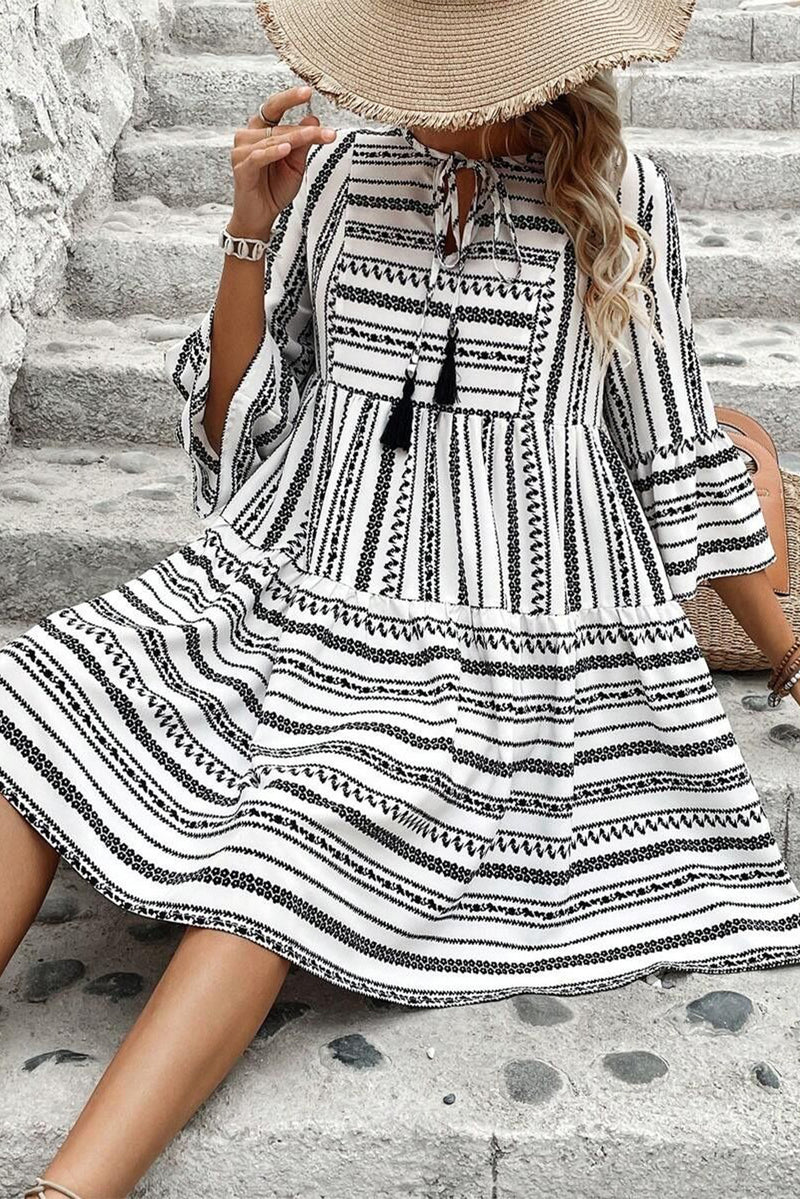 Stripe V Neck Bell Sleeve High Waist Mini Dress