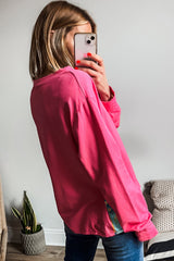 Dark Pink Floral Hemline Patchwork Round Neck Casual Top