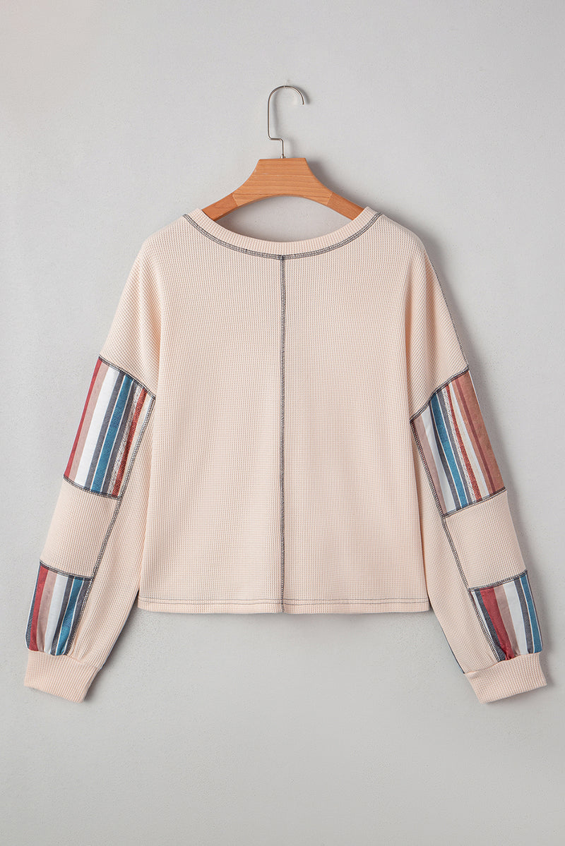 Striped Waffle Patchwork Exposed Seam Raw Edge Casual Knit Top