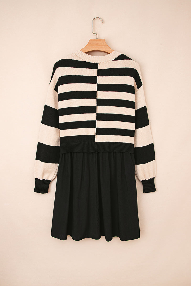 Stripe Two in One Knitted Top High Waist Splicing Hem Sweater Dress