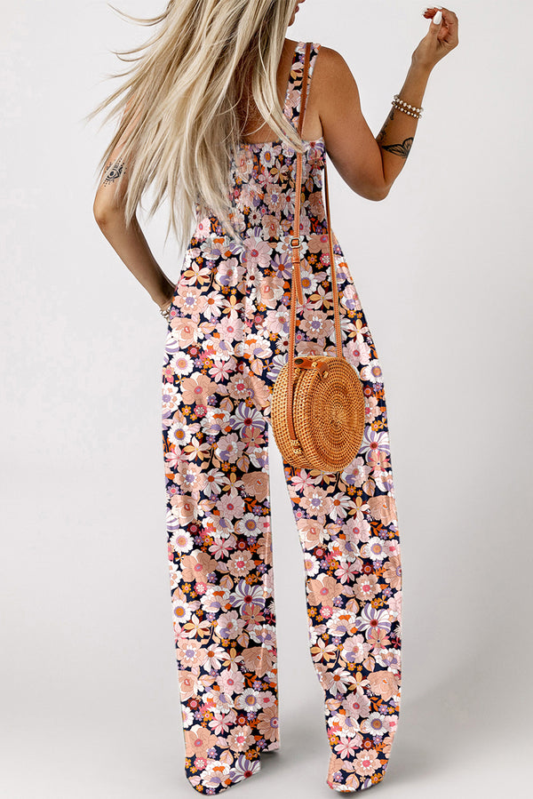 Floral Print Smocked High Waist Square Neck Jumpsuit