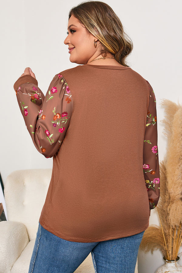 Floral Sleeve Patchwork Round Neck Plus Blouse