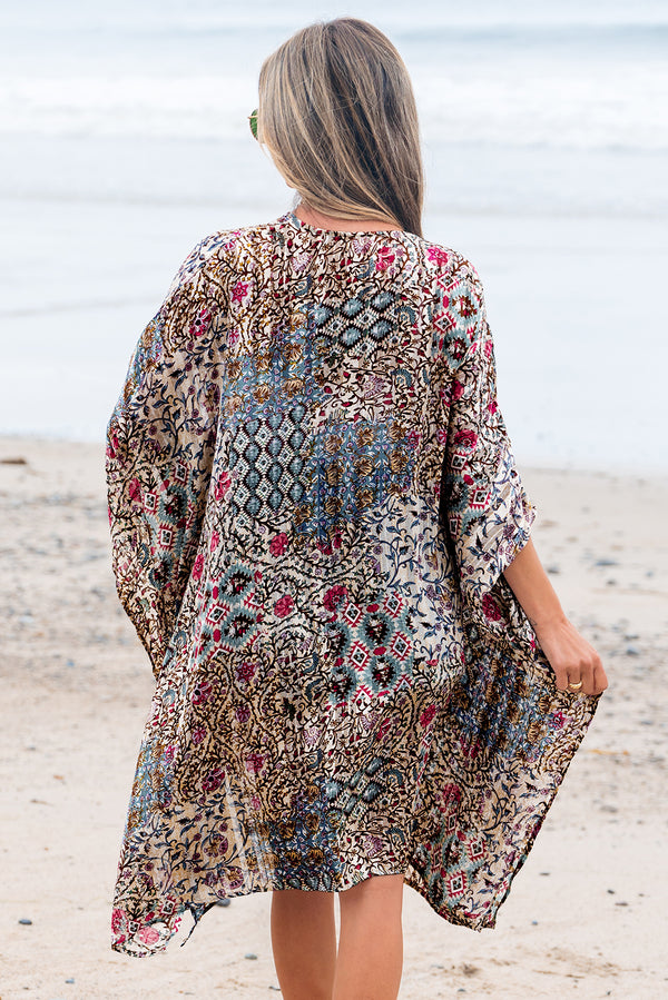 Floral Print Short Wide Sleeve Open Front Loose Kimono