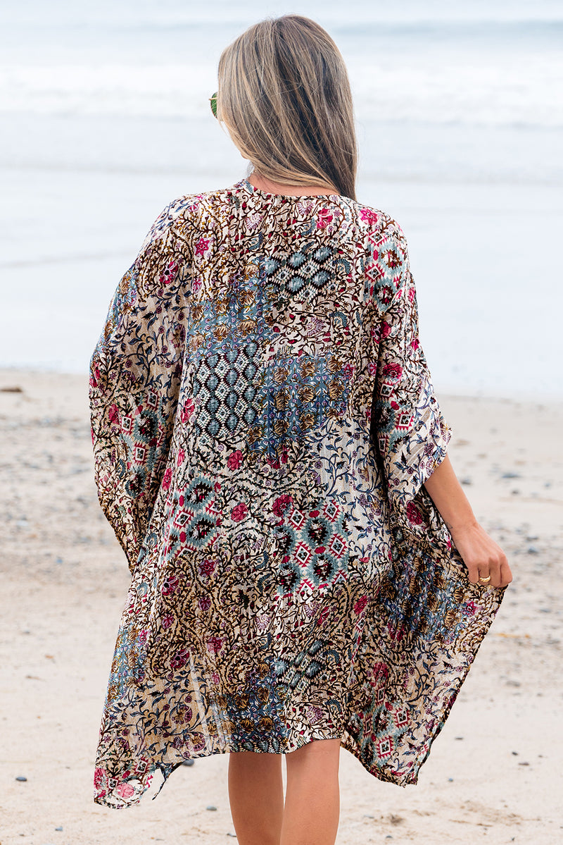 Floral Print Short Wide Sleeve Open Front Loose Kimono