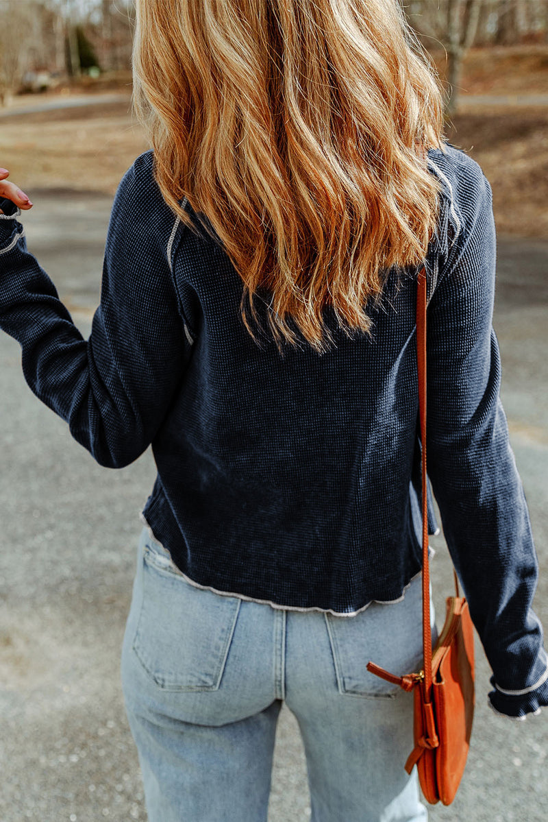 Solid Textured Round Neck Long Sleeve Top